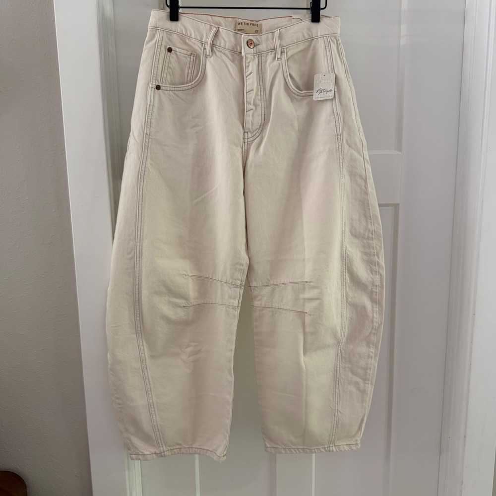 We The Free Free People Good Luck Mid-Rise Barrel Jeans Milk Cream Boho Denim 27